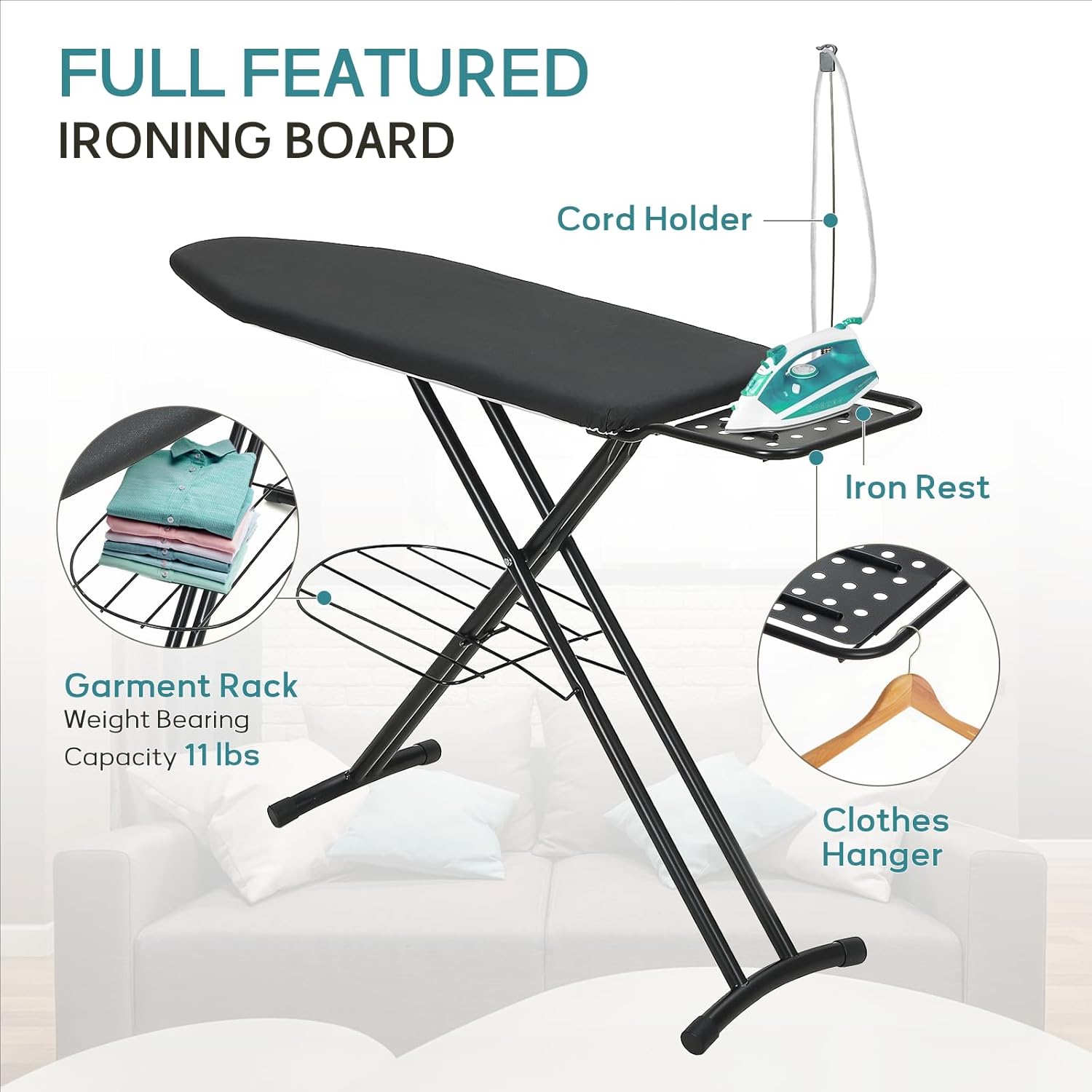 Ironing Board 48x15 in, RAINHOL Large Heavy Duty Ironing Boards Full Size with Pad and Cover, Height Adjustable Iron Stand with Storage Tray and Iron Rest, Black